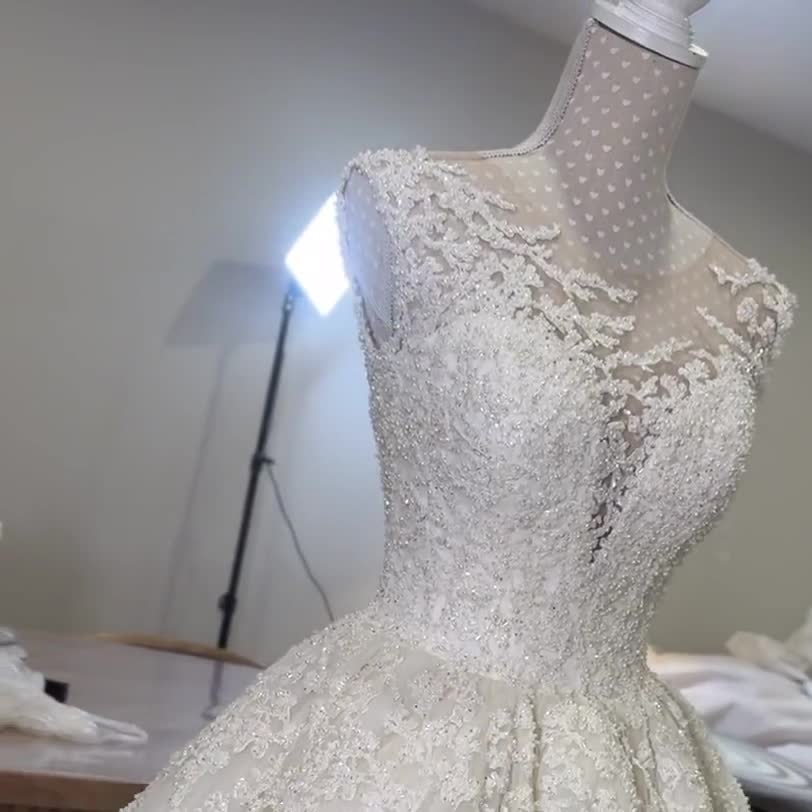 Luxury Beaded Wedding Dress  Illusion Neckline  Sparkling Tulle with  Corset Back & Train