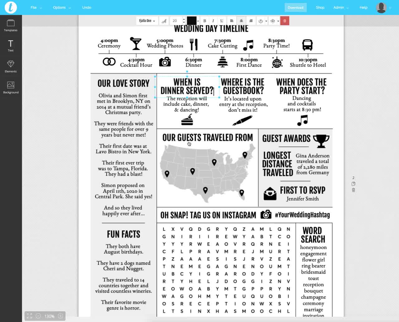 Large Newspaper Wedding Program Template, Folded Modern Reception Program,  Infographic Wedding Program, Printable Wedding Timeline