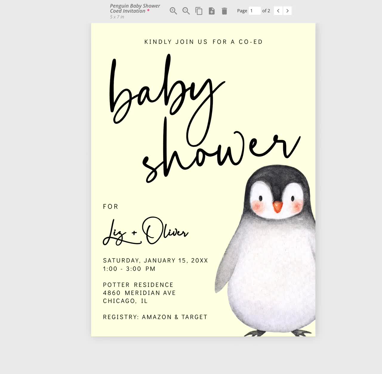 Penguin Baby Shower Invitation - Winter Baby Shower Invite - Minimalist,  Black and White, Neutral, Arctic Animal, Digital, EDITABLE Template