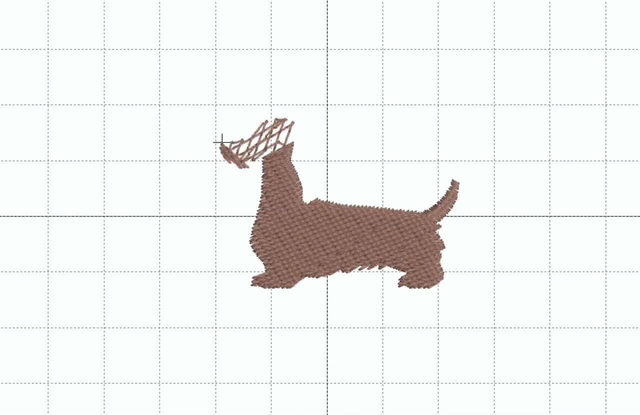 Mini long haired dachshund machine embroidery design. Embroidered sausage  dog design. Embroidery file. 3 by 2 inch hoop digital download