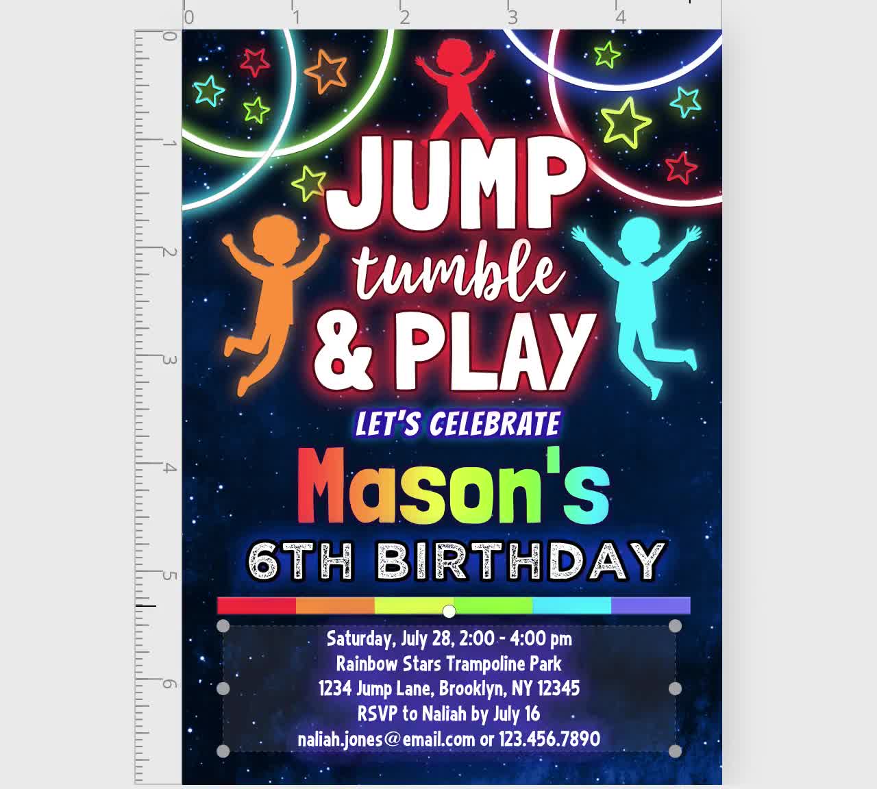 boys trampoline park birthday invitation editable template jump tumble  play rainbow bounce birthday invite boy jump party birthday