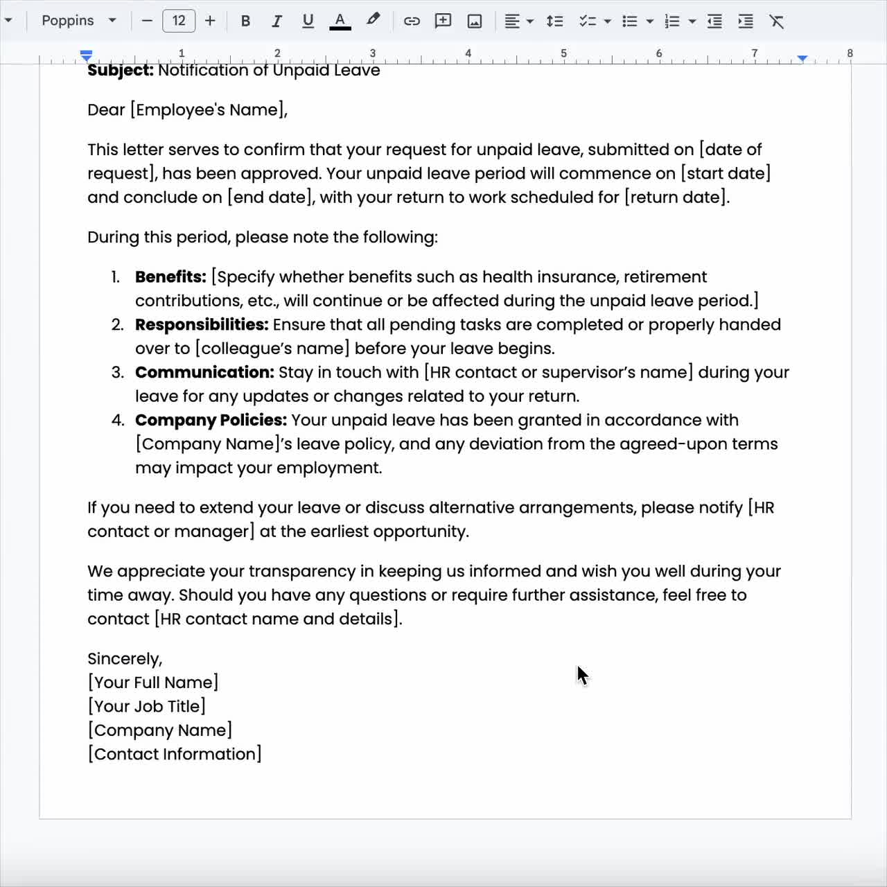 Unpaid Leave Notification Letter Template (Google Docs, MS Word)