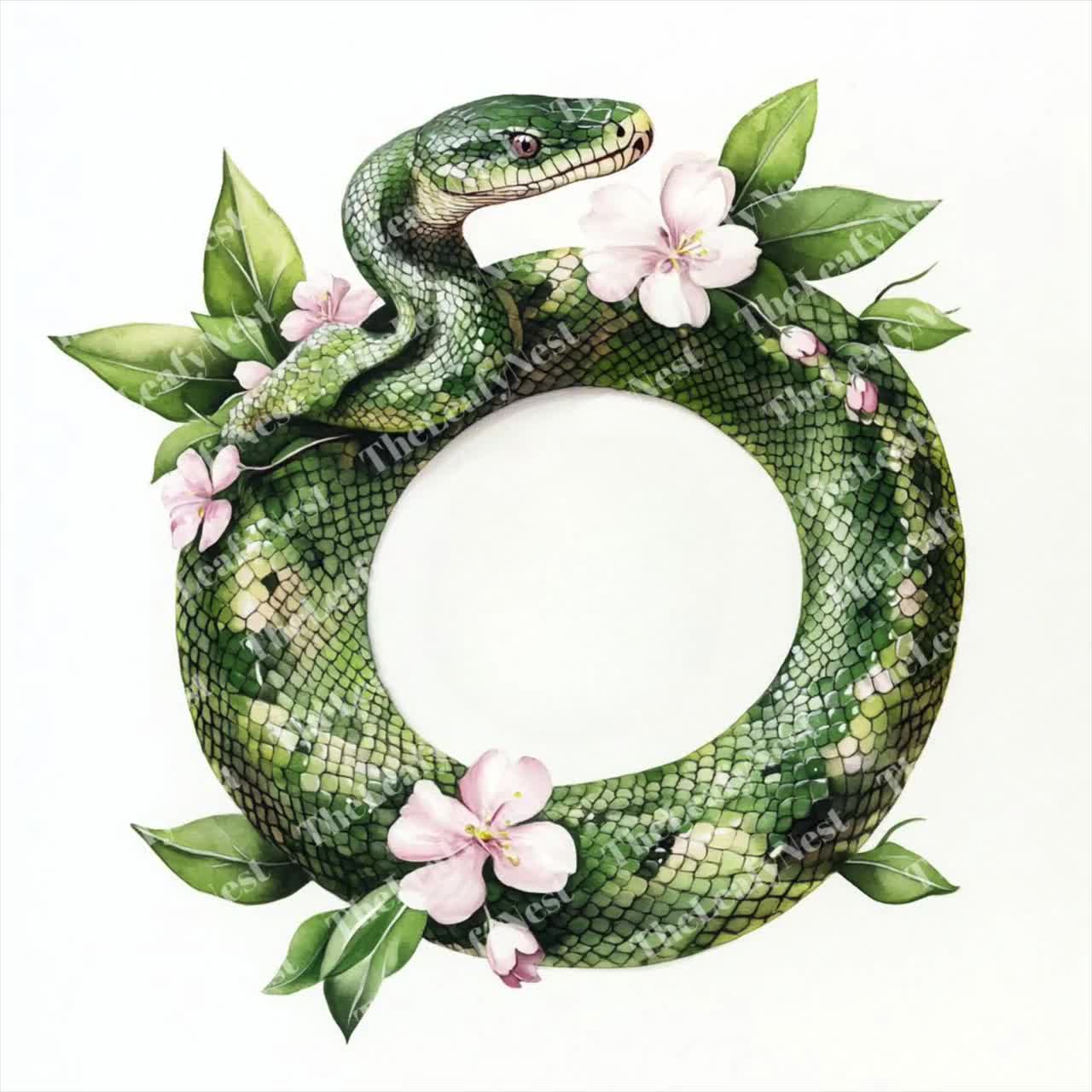 15種類のPythonスパイラルクリップアート、花柄のヘビのクリップアート