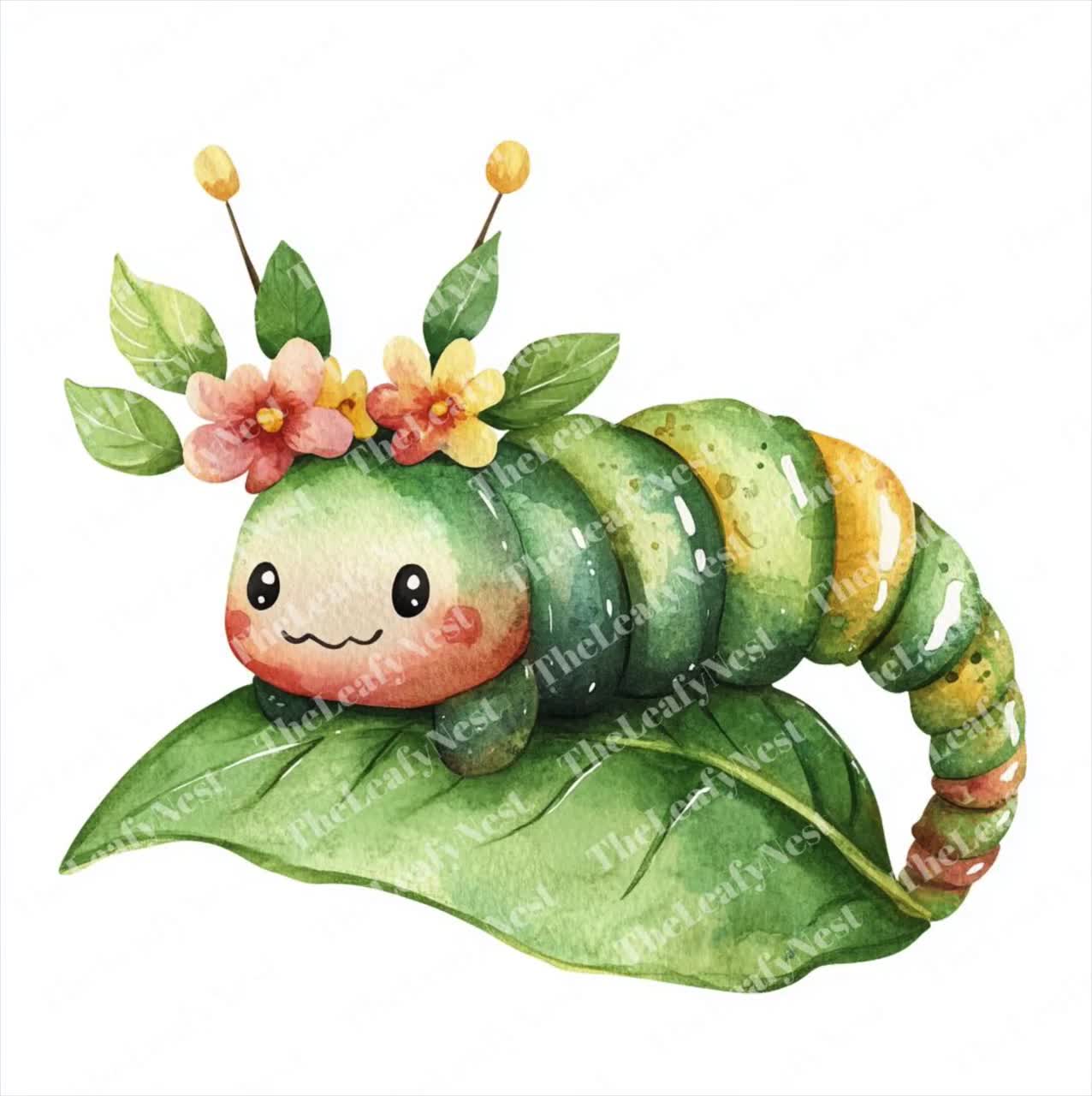 水彩画の毛虫のクリップアート：花冠の虫のイラスト（JPG および PNG