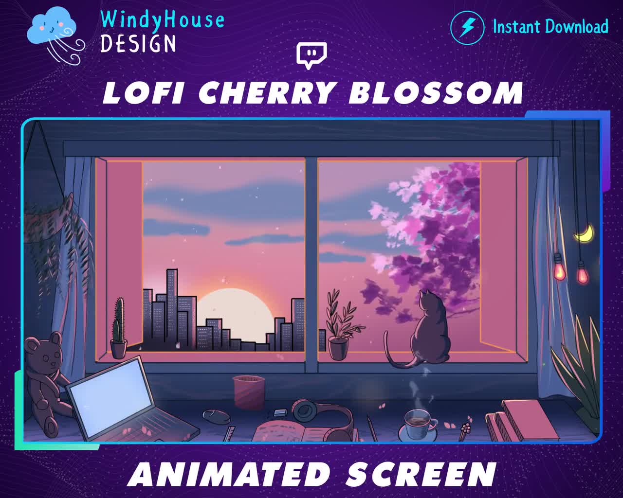 Geanimeerde Lofi Desk-twitchscènes, Lofi Sakura-kersenbloesem, Kitty Cat Watching Sakura, zonsondergangoverlay, bloem, schattige graphics video poster