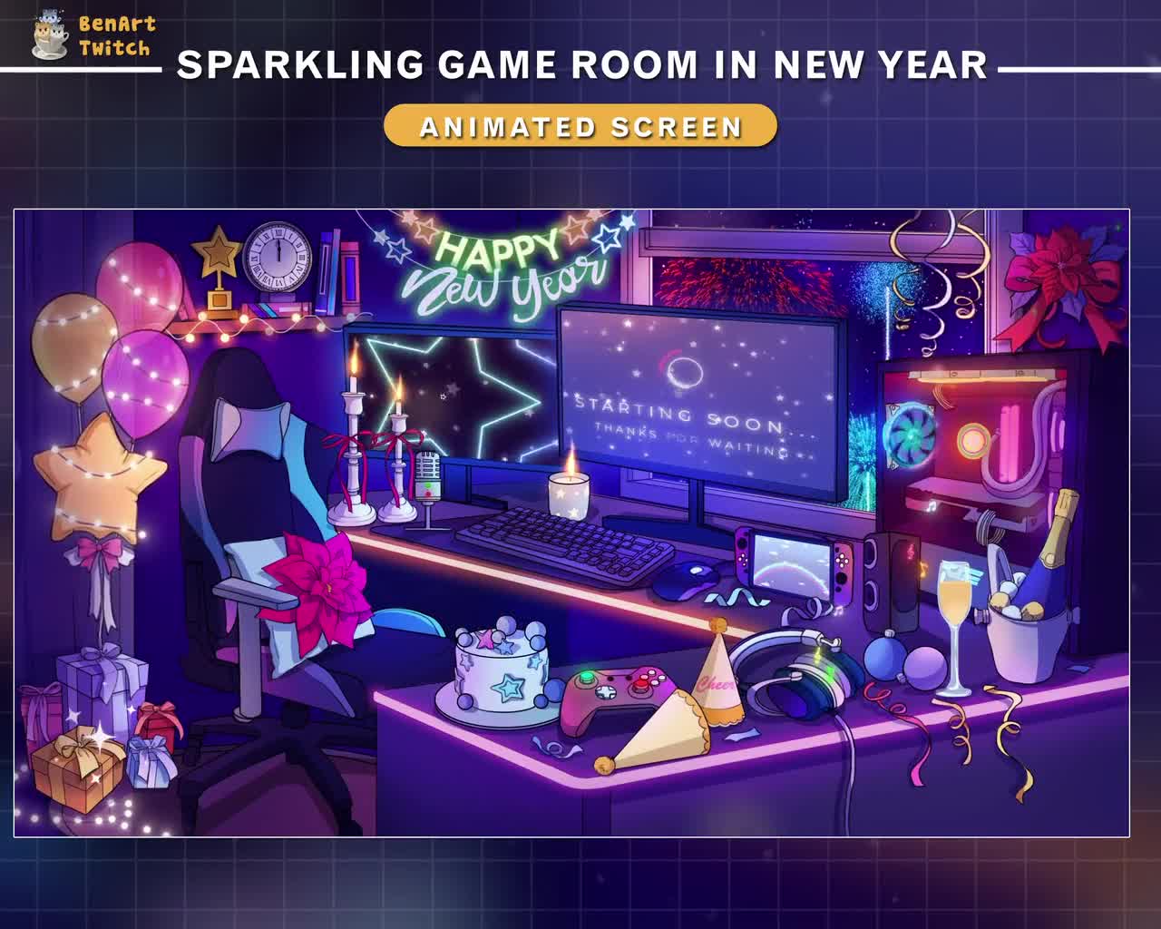 Animated Twitch Screens New Year Game Room, Lo-fi Room NYE Stream Overlay with PC Setup, Holiday Lights, Balloons... video poster