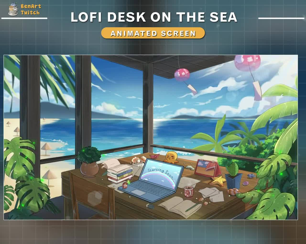 Animated Twitch Screens Lofi Desk on the Beach, Lofi Game Room Stream Screens, Sea Twitch Overlay video poster