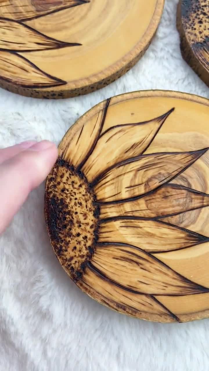 Wood Burned Sunflower Coasters Handmade Stocking Stuffer Rustic