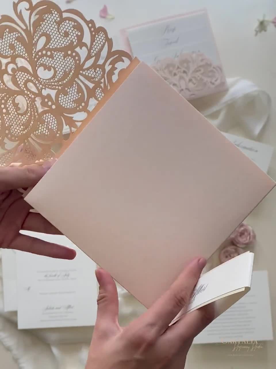 Champagne Laser Cut Lace Pocketfold Wedding Invitation + Wedding Wish Set