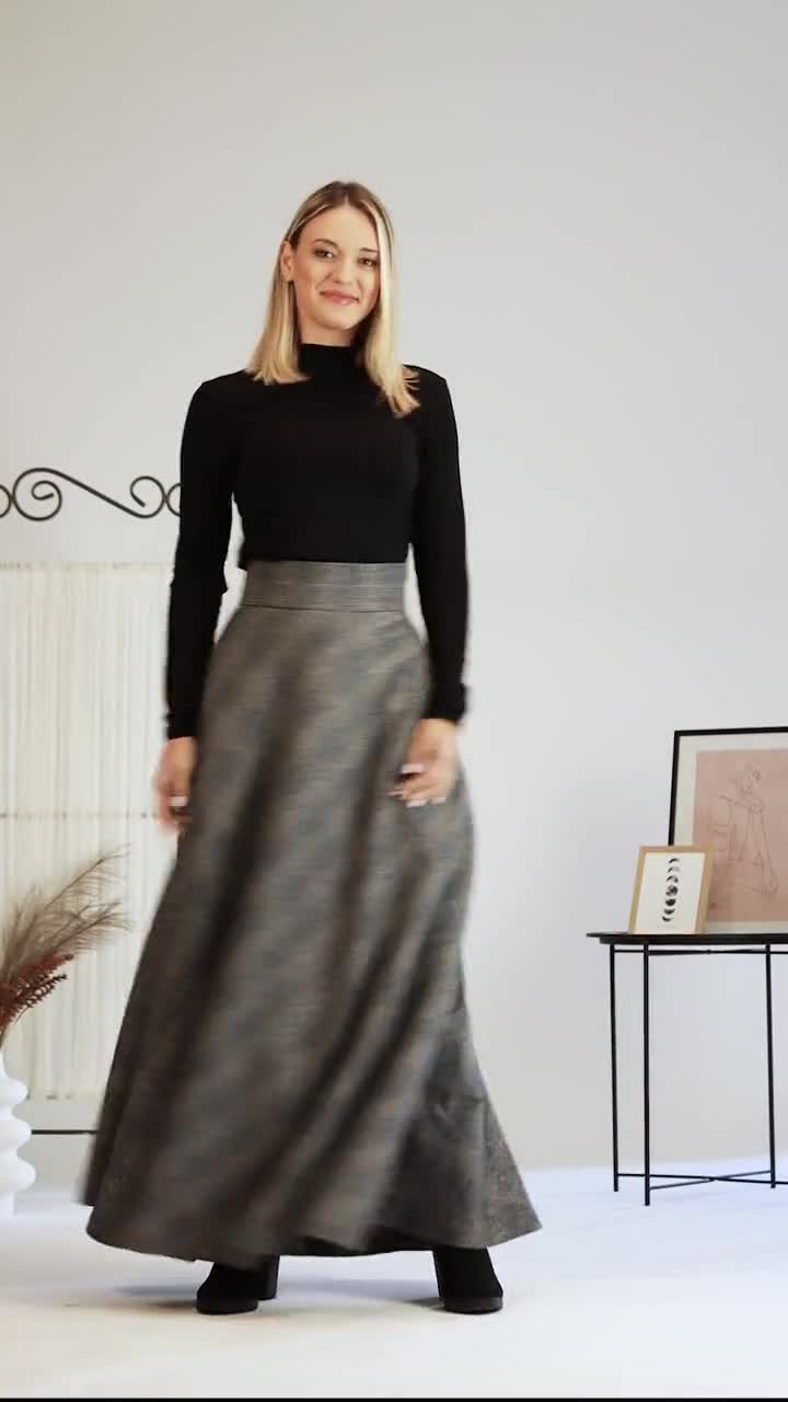 Wool High Waisted Maxi Skirt, Long Formal Circle Skirt, Vintage Style Fit  and Flare Skirt, Warm Winter Edwardian Walking Skirt With Pockets 