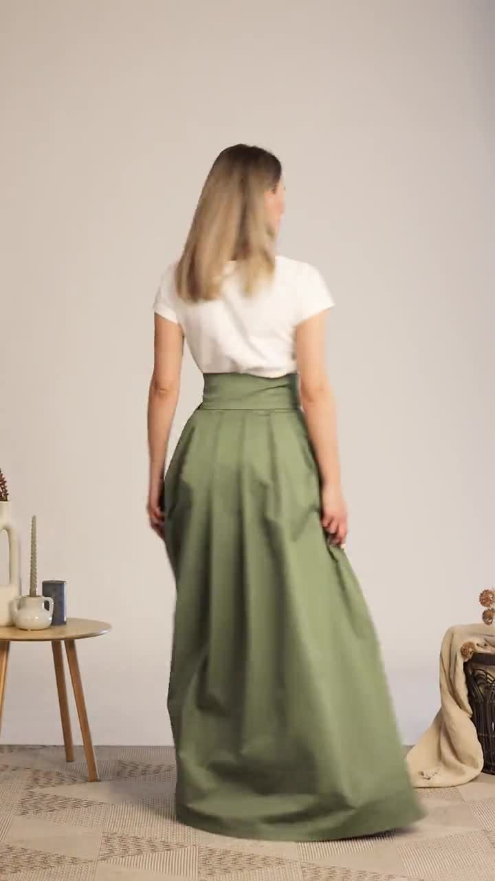 Fit and Flare Summer Cotton Skirt, Military Green High Rise