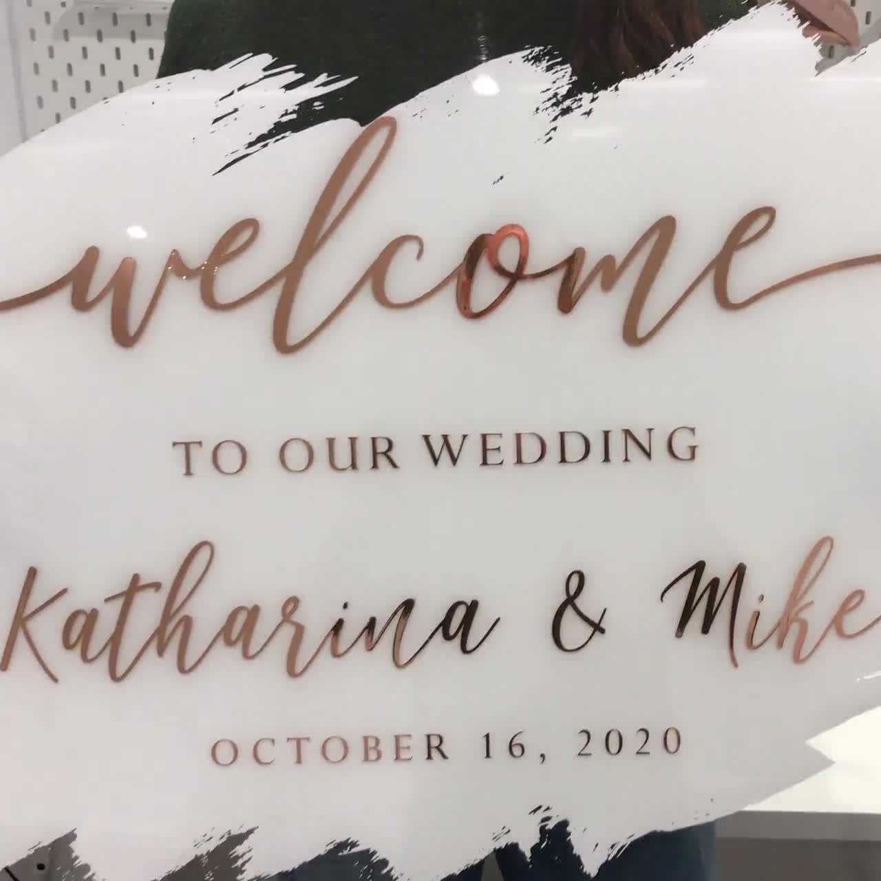 Cartel rectangular personalizado para boda con nombres, fecha y bienvenida  Script