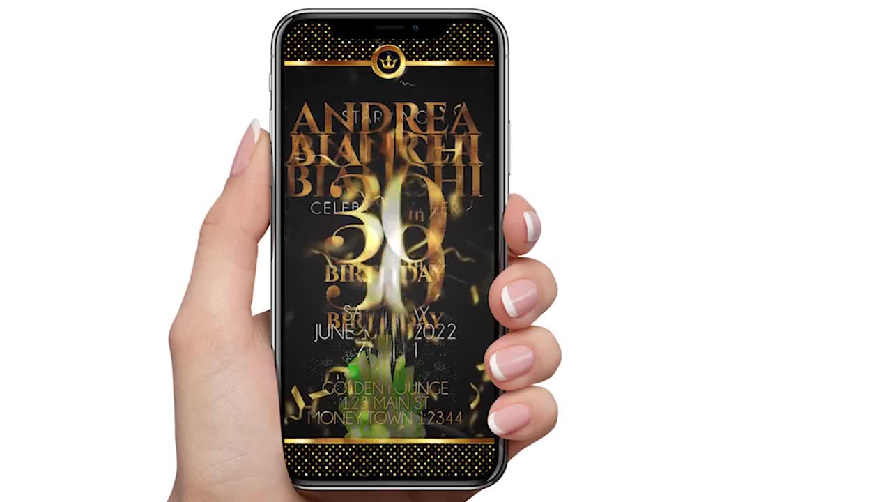 Exklusive Gold Video Einladung | Personalisierte Animierte digitale Einladung video poster