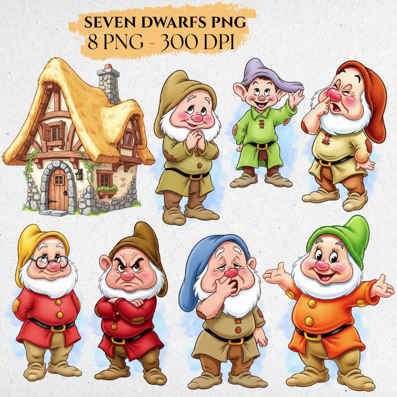 Clipart PNG dei sette nani, Acquerello dei sette nani, Cottage PNG, Carini nani acquerellati, Dottore, Brontolone, Felice, Sonnolento, Timido, Starnuto, Cucciolo video poster