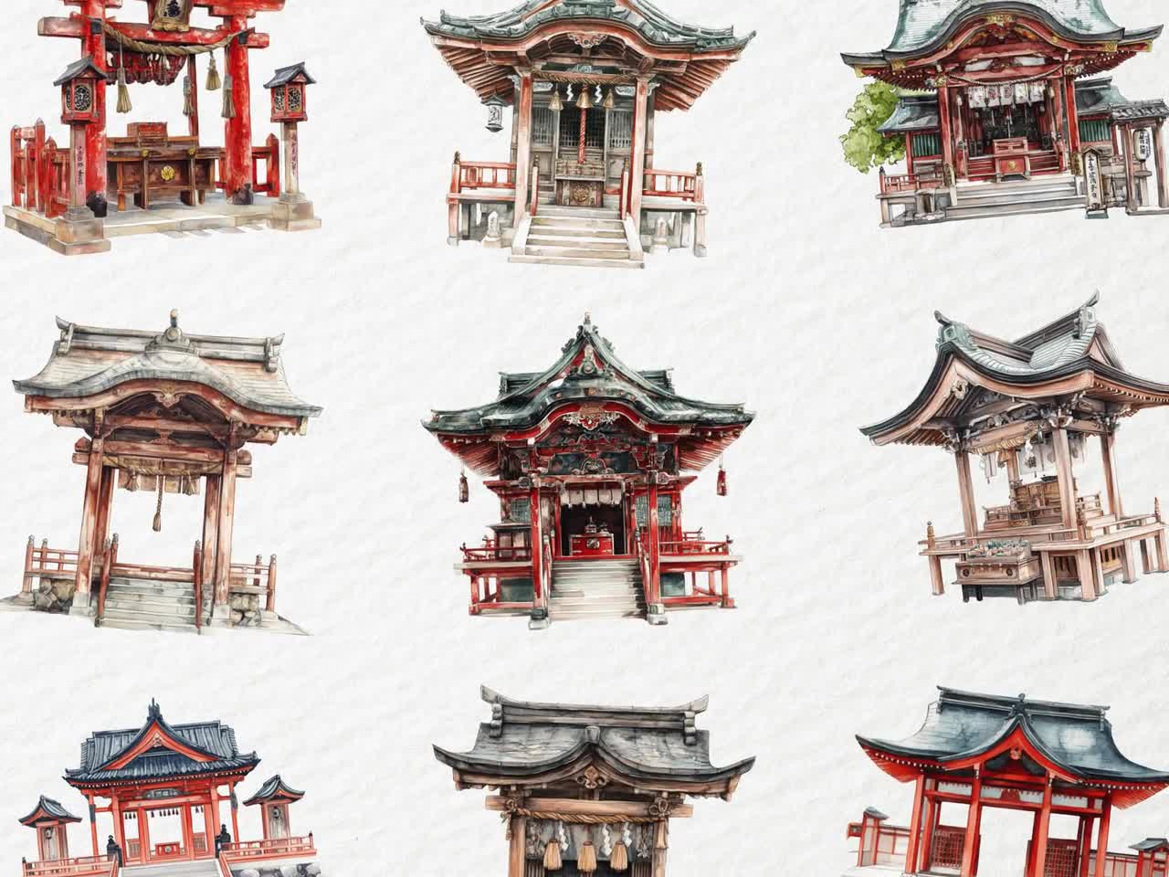 Watercolor Shinto Shrine Clipart, Japanese, Confucianism, Buddhism