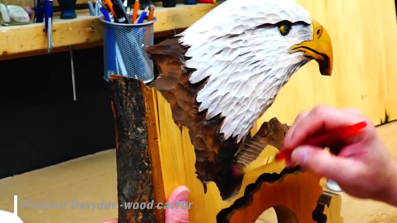 Clock with Eagle Hand Carved on Wood, Carving with Time and