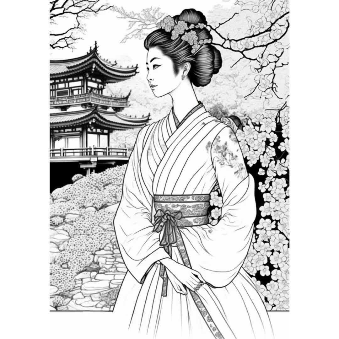 日本の着物を着た女性の塗り絵：花柄アート（PDFダウンロード） - Etsy