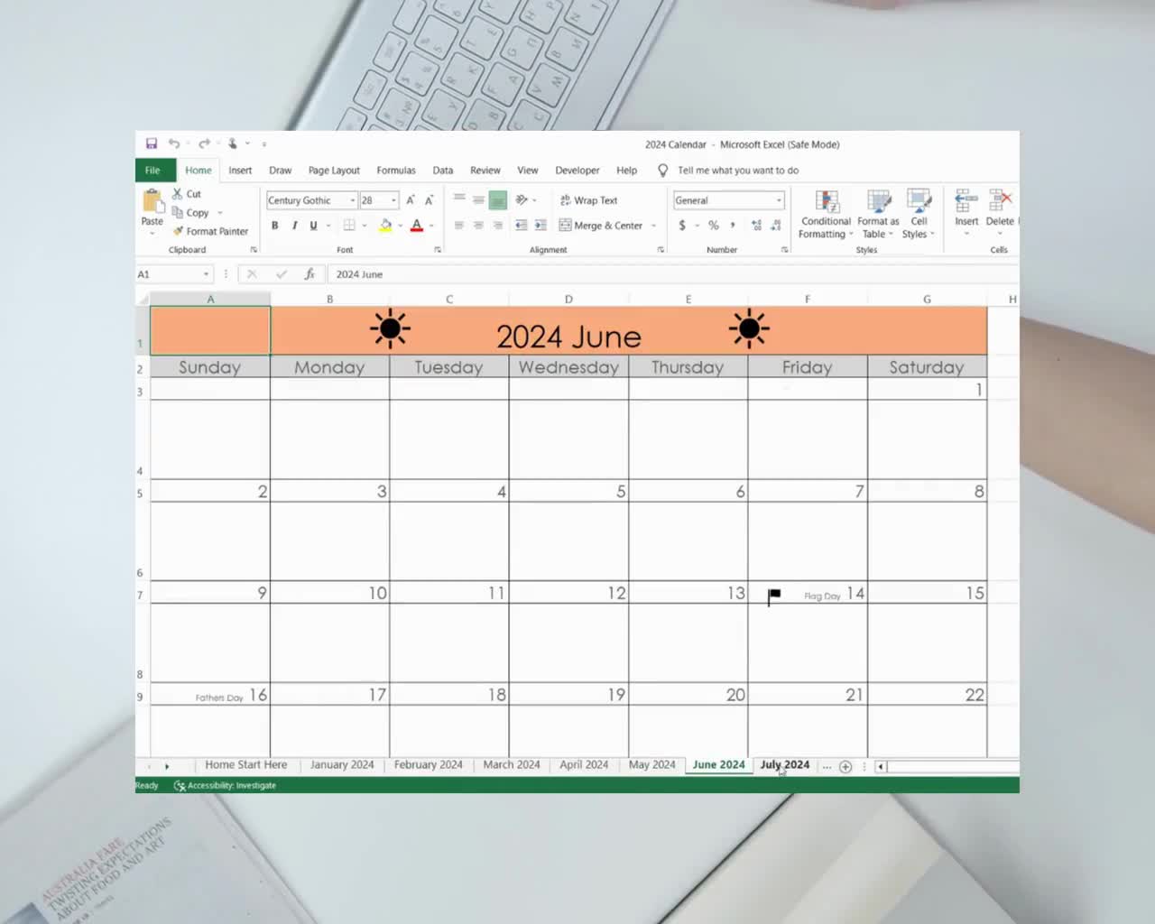 Modello Excel di calendario mensile 2024 / Calendario mensile 2024 con  obiettivi e attività / Pianificatore Excel mensile 2024 / Calendario 2024  stampabile -  Italia