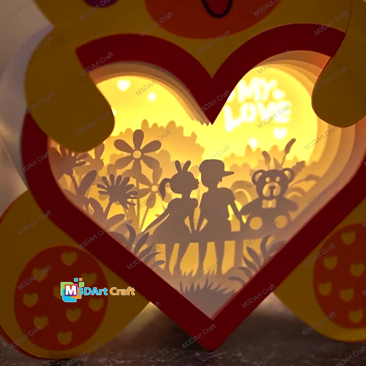 Sitting Couple With Bear Heart Lanterns Shadow Box SVG Template