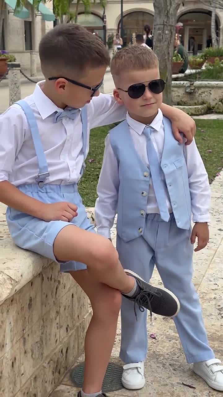 Rustic Boys Linen Suit Set - Shorts, Suspenders, Bow Tie for