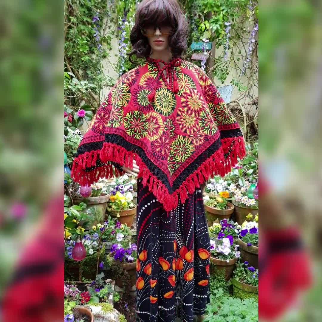 Vintage Poncho: Stunning Vintage 1960s Red, Lime Green and Black