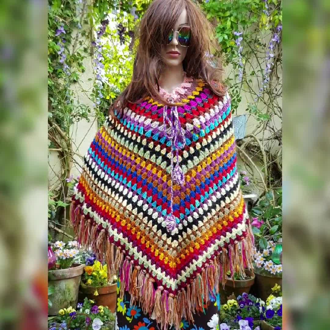 Vintage Poncho: Gorgeous Vintage 1970's Bohemian Hippie Chic Hand Knitted Crochet  Rainbow Multicoloured Poncho With Tassels 