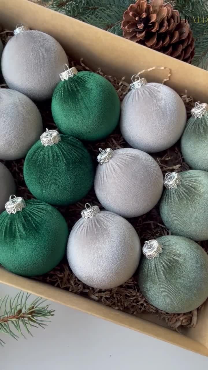 CHRISTMAS ORNAMENTS MIX Emerald, Sage Green, Silver 15 Units Set Handmade Velvet  Balls, Home Tree Decoration 