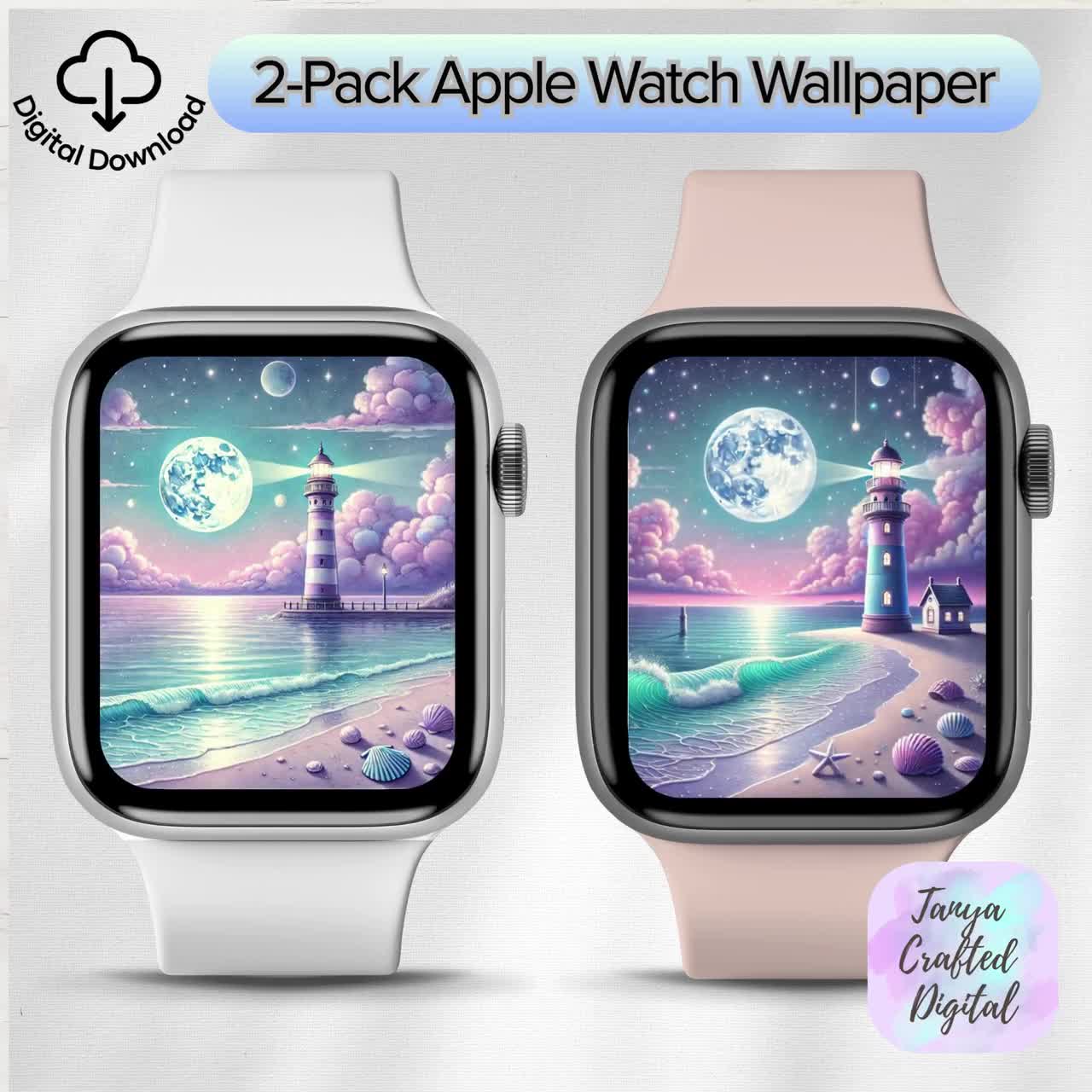 Pastel Lighthouse Apple Watch Wallpaper Set: Dreamy Coastal Moon