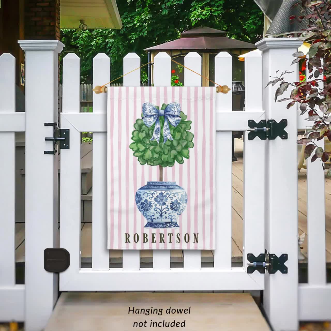 Chinoiserie Garden Flag, Custom Topiary Door Hanger, Preppy Bow Seasonal Garden Decor, Outdoor Patio Porch Welcome Sign Front Door Yard Art video poster