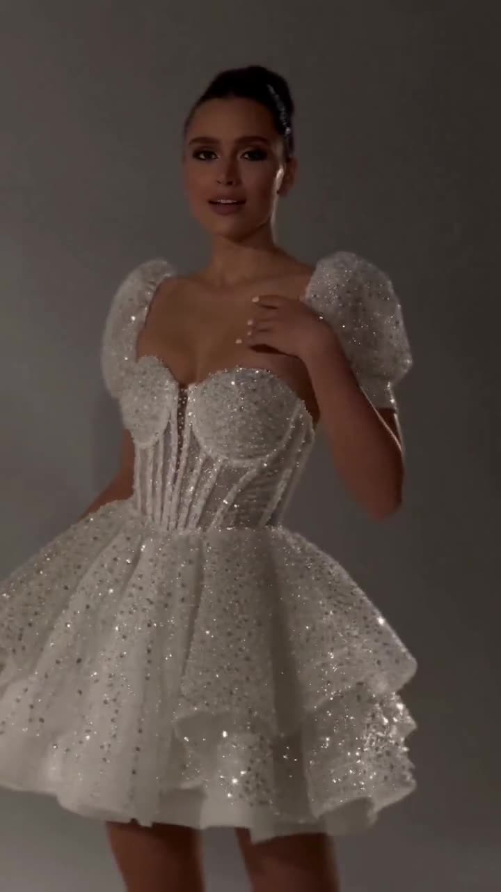 Wedding Reception Dress Sparkly Mini Wedding Dress Elopement Dress Sleeves  Engagement Photoshoot Dress Beaded White Tulle Dress 