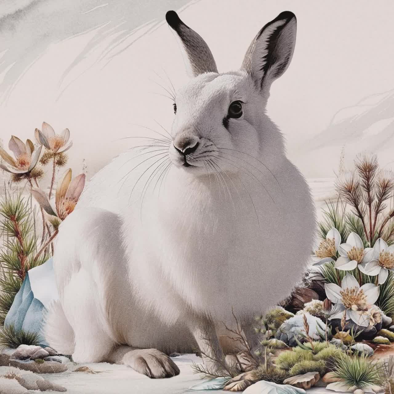 ヴィンテージの北極ウサギのクリップアート：ツンドラの風景 PNG バンドル（デジタルダウンロード）, image size:1280x1280