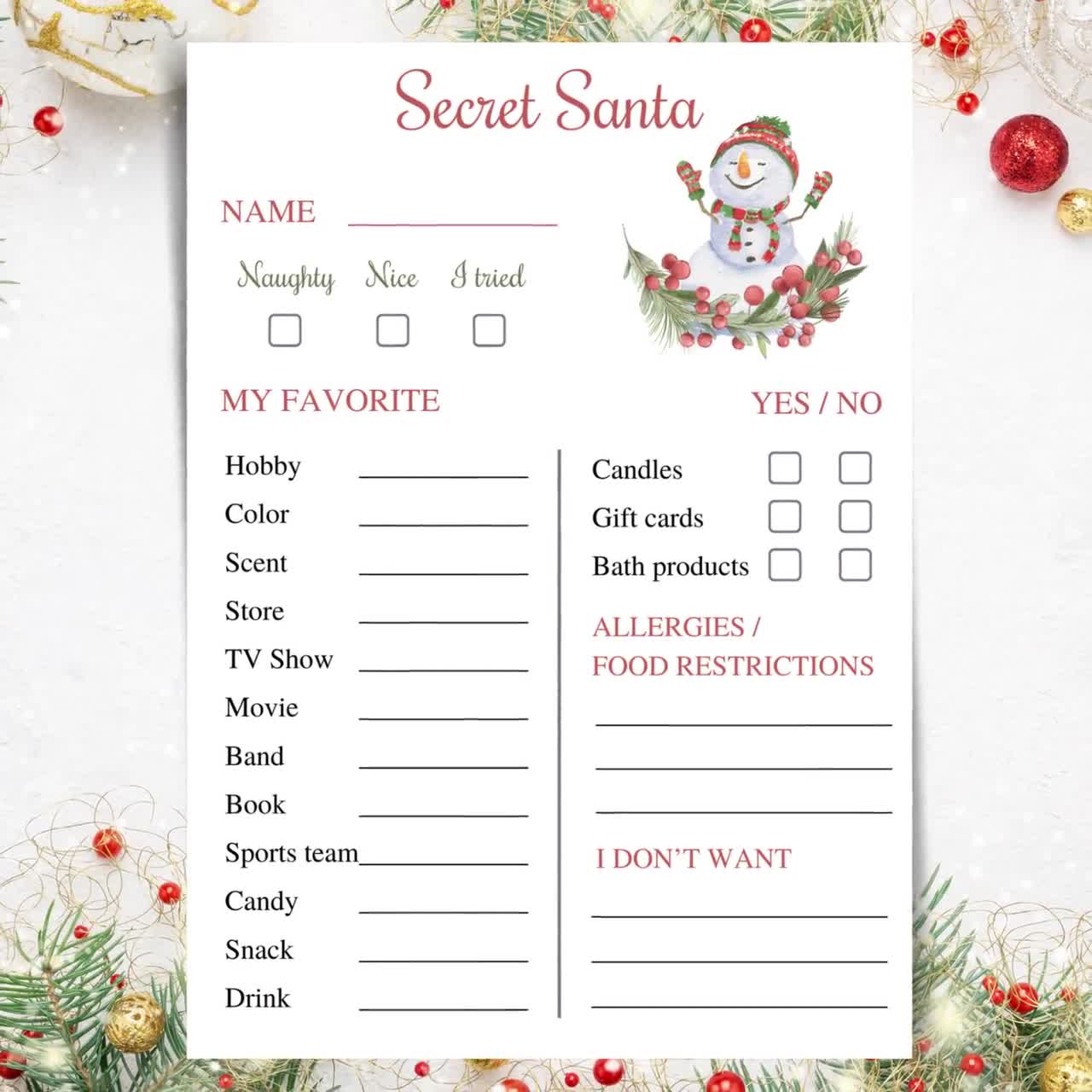 Christmas Secret Santa Questionnaire Printable Secret Santa, 51% OFF