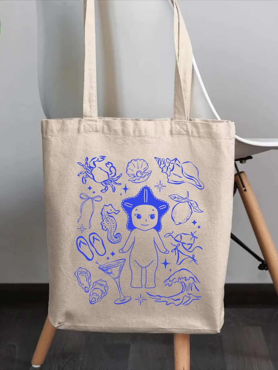 Sonny Angel Tote Bag Kewpie Cherub Book Bag Fisherman Aesthetic Cotton Canvas Tote Oyster Art Grocery Bag Gift Sonny Angel Lover Summer Vibe video poster