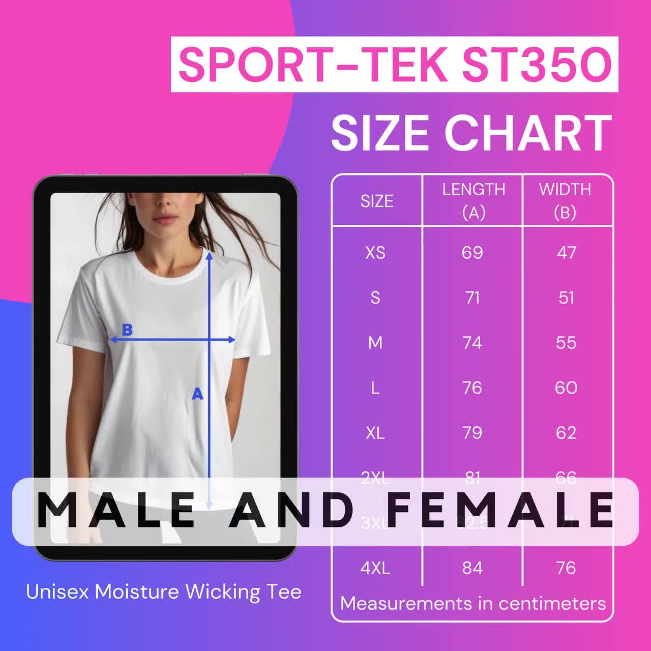 Sport-tek ST350 Size Chart, T-shirt Size Chart, Unisex Size Chart
