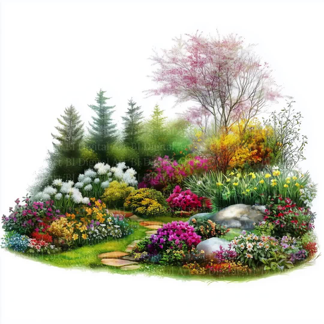 水彩画風の春の庭園クリップアート、花の風景画（デジタルダウンロード