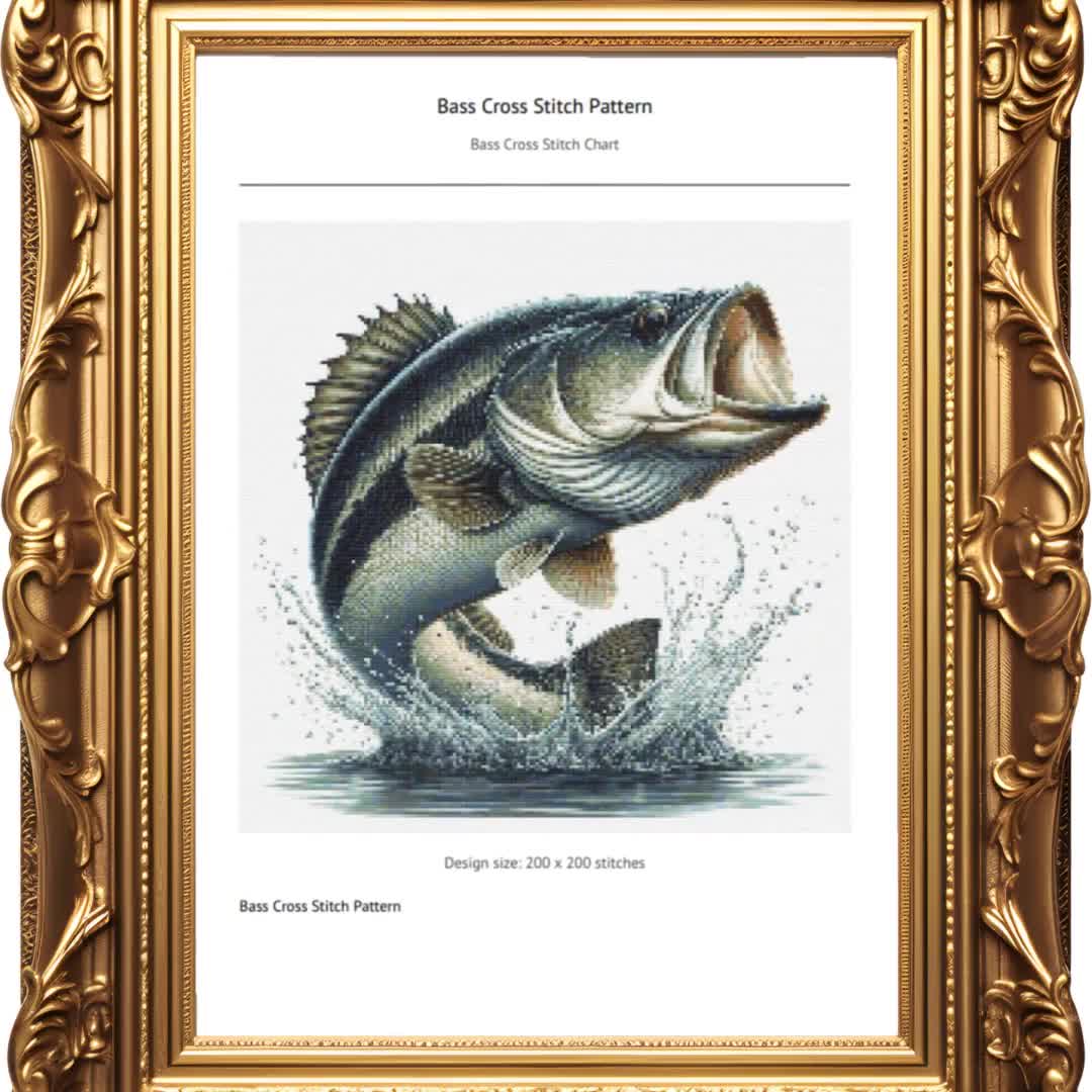 Bass Cross Stitch Pattern, Fishing Embroidery Design (PDF Download), image size:1080x1080
