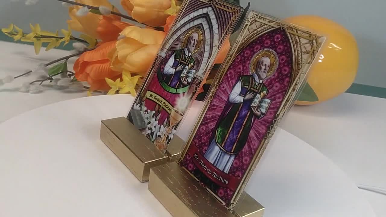 Saint Andrew Avellino, patron of strokes, Stained Glass laminated and lace  Catholic Holy Prayer cards. St. Andrew Avellino prayers.