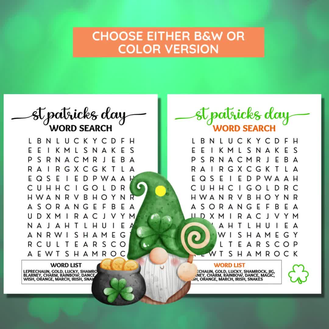 St. Patricks Day Word Search Game, St. Patricks Game, Family Game Night,  Classroom Games, Word Search Puzzle, Kids Word Search