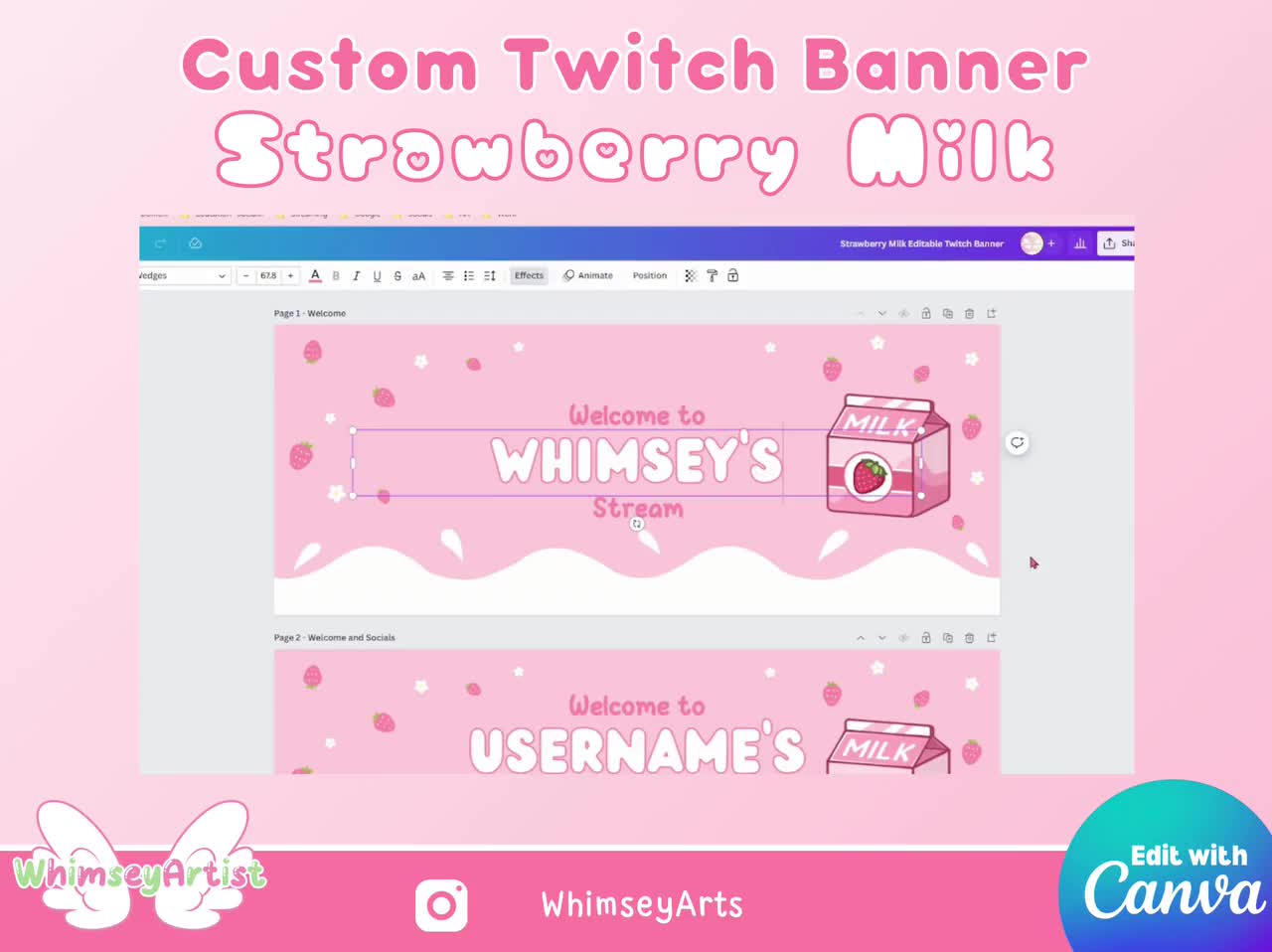 Strawberry Milk Editable Stream Banner, Custom Twitch Banner, Strawberry  Milk Twitch Accessories,