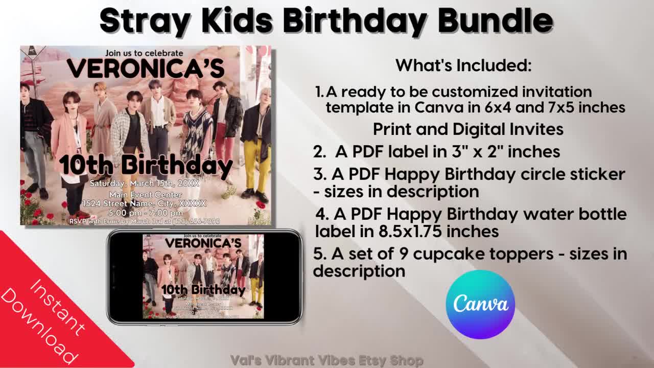 Stray Kids Birthday Bundle | SKZ Stays| Instant Download, Customized,  Editable Template, PDF, PNG, Party Pack, Digital Download