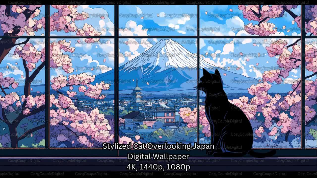 Stylized Cat Overlooking Japan Digital Wallpaper (4K, 1440p, 1080p