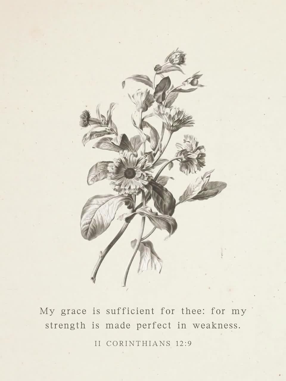 Arte de la pared cristiana, impresión neutral de las Escrituras, decoración vintage, estampado floral, gracia es suficiente, 2 Corintios 12:9 KJV Versículo bíblico imprimible video poster