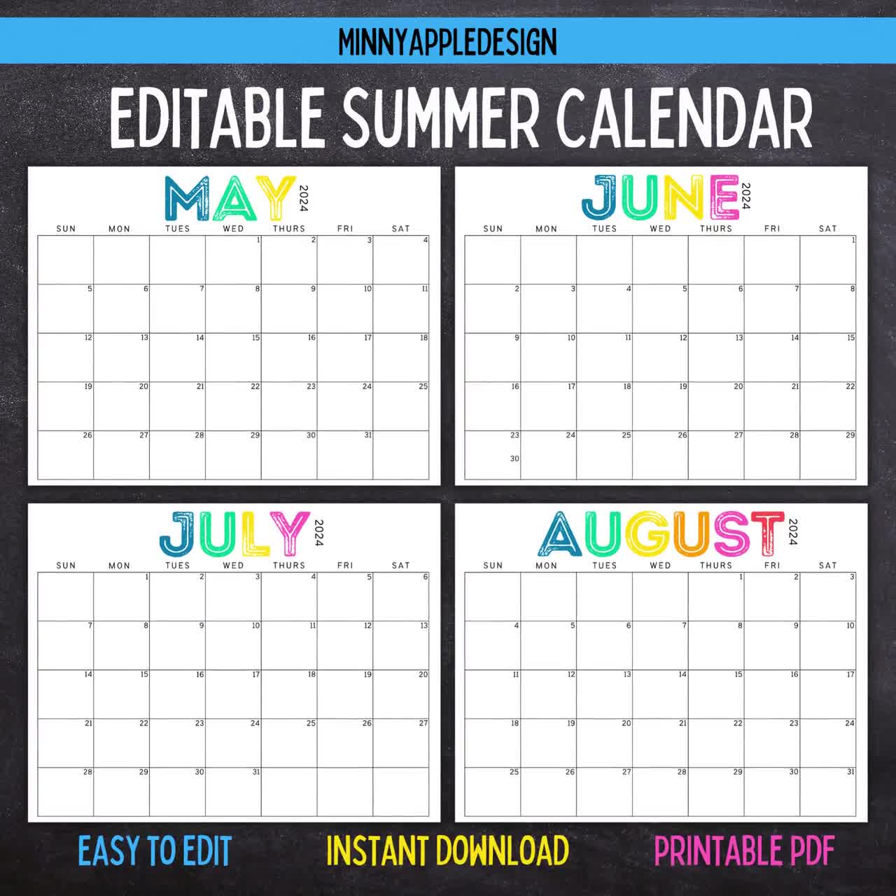May June July August Printable Calendar