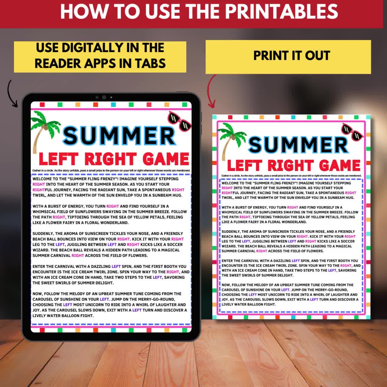 Summer Left Right Story Game|Summer Family Reunion Printable|Gift Exchange  Party Game(Kids+Adult)|Pass the Prize Activity|Classroom Fun Game