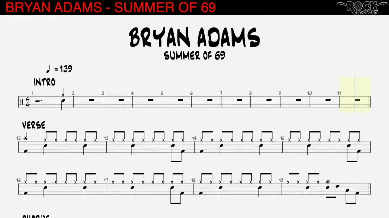 Summer of 69 - Bryan Adams (partitura de batería), música pop rock,  cantante, partitura musical, cantante estadounidense, rock, baterista,  partitura ...