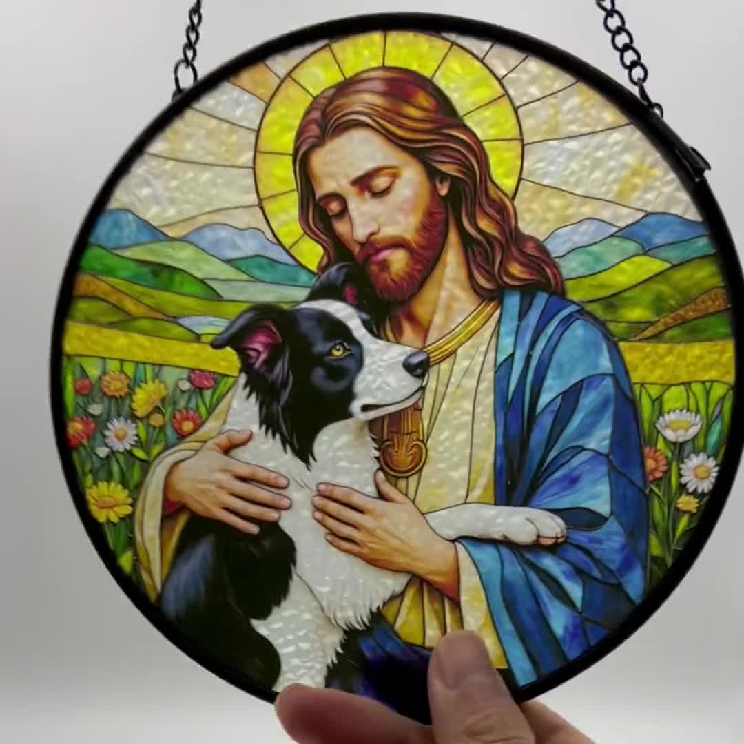 Jesus Christ Hugging Tricolor Pembroke Welsh Corgi Dog Stained
