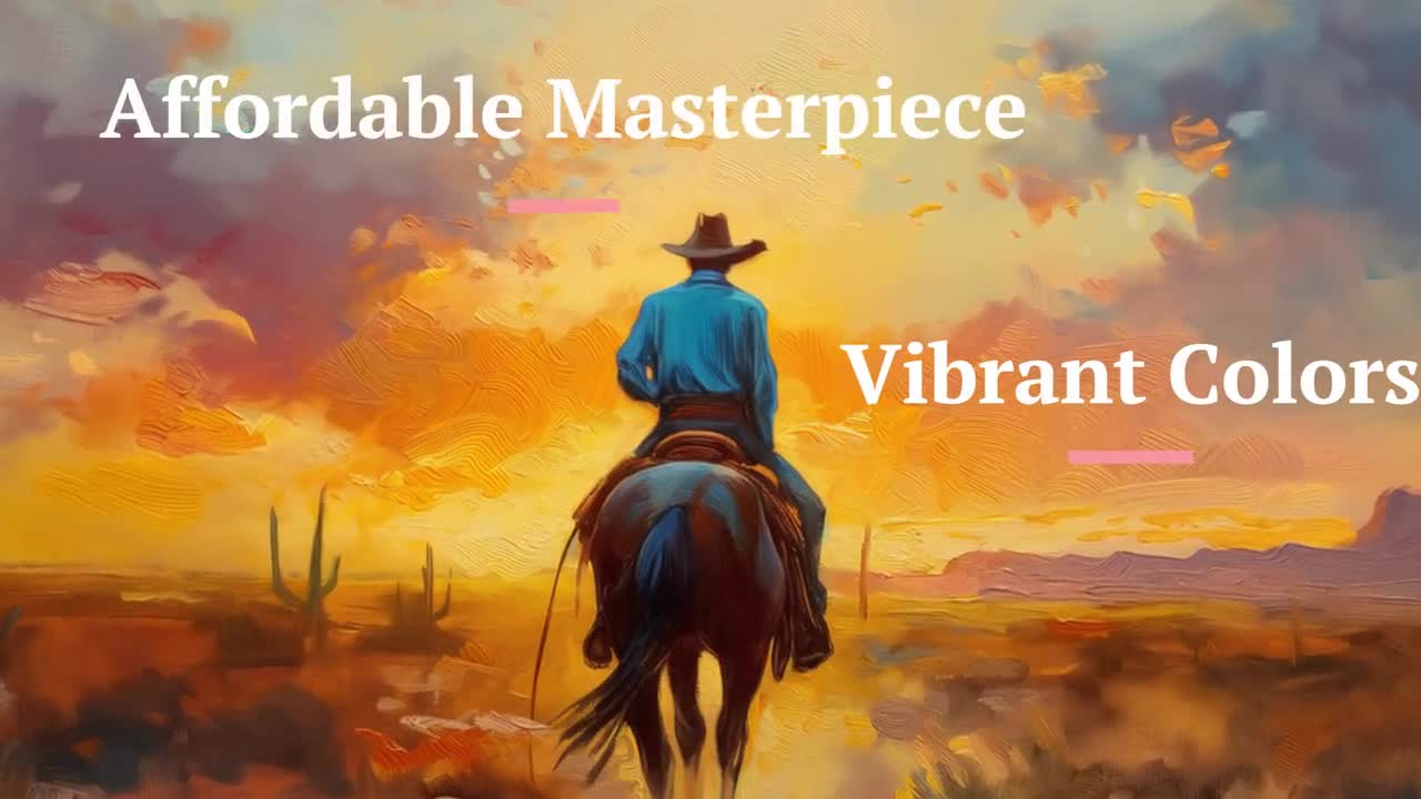 カウボーイの夕焼けの絵 馬の油絵 西洋画 南西部のアート カウボーイの