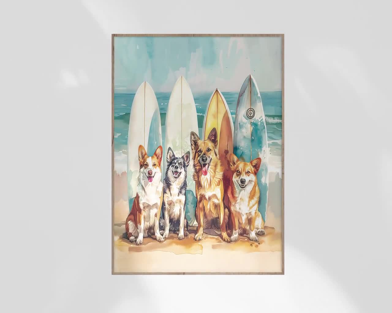 犬の油絵【海岸と犬】1点物の原画/作者サイン入り サーフィンする犬のポーズ | 海のサーファー犬好きアート | 楽しい