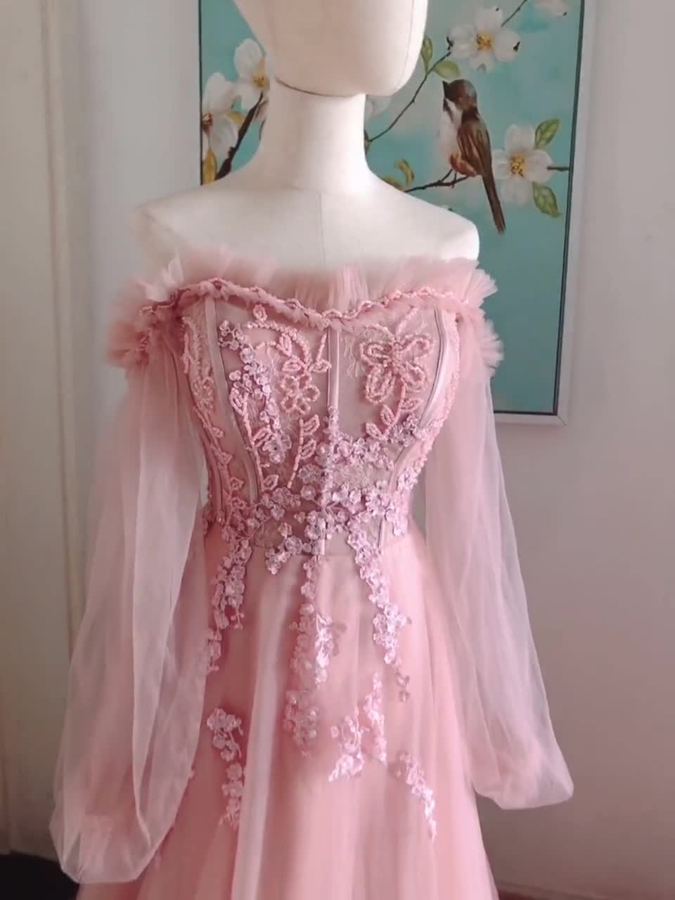 Figure Flattering White Lace Pastel Pink Prom Dress - Promfy