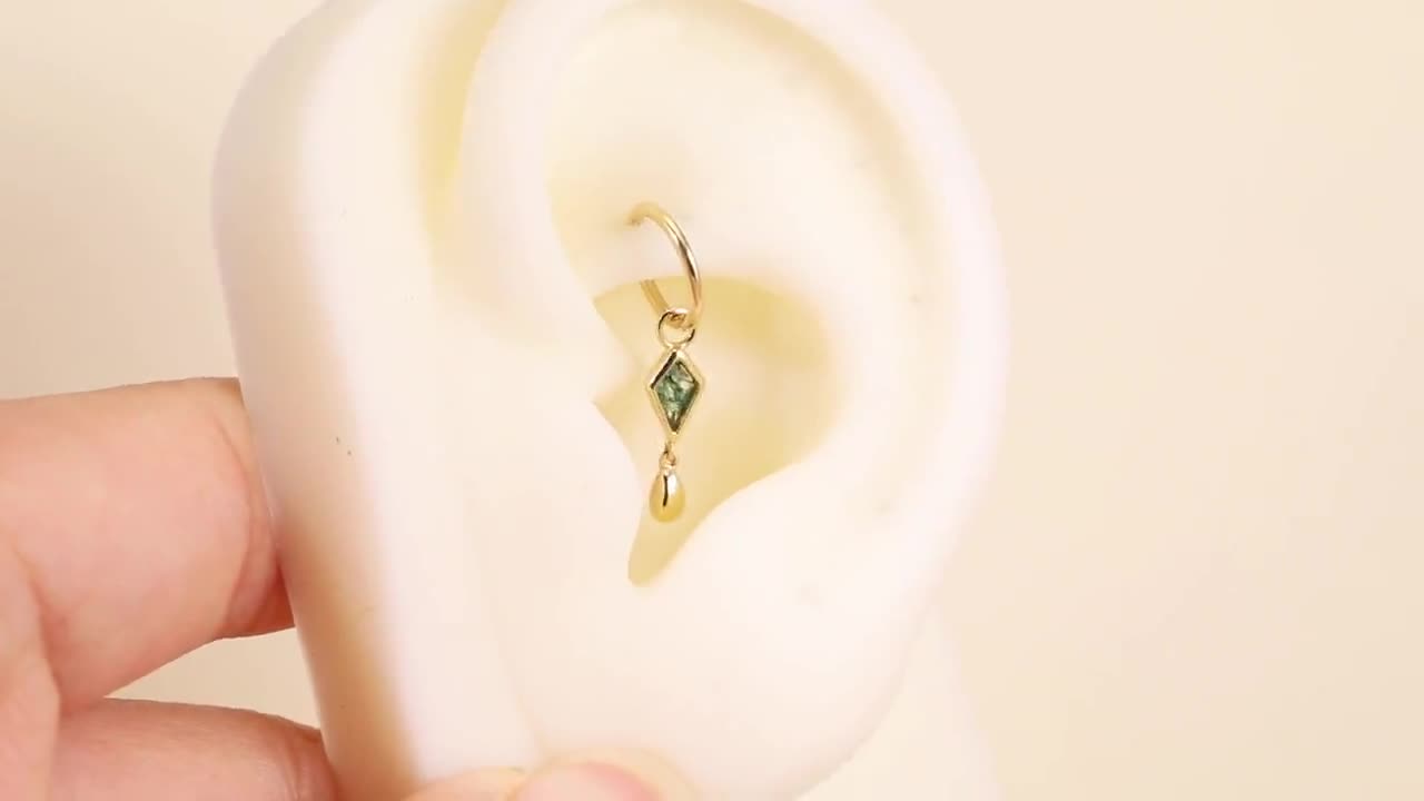 14K Solid Gold Kite Moss Agate With Teardrop Charm, 14K